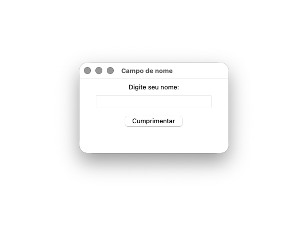 Screenshot de uma janela Tkinter com o título 'Campo de nome', mostrando o texto 'Digite seu nome:', um campo de entrada de texto e um botão 'Cumprimentar'.