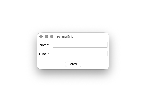 Screenshot de uma janela Tkinter com o título 'Formulário': duas linhas com os rótulos 'Nome:' e 'E-mail:' alinhados à direita, cada um seguido de um campo de texto, e um botão 'Salvar' centralizado abaixo.