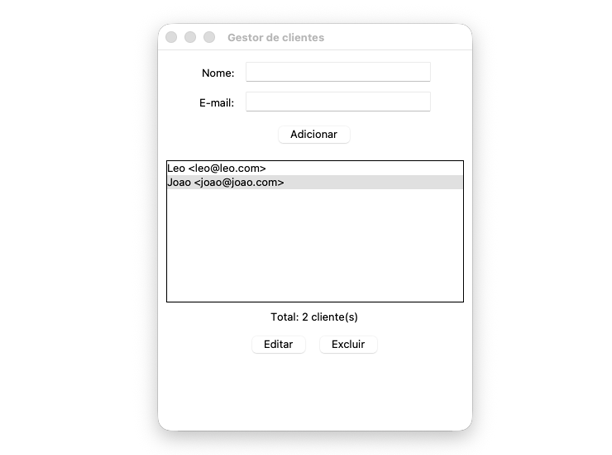 Screenshot da janela 'Gestor de clientes': no topo uma barra de menu com 'Arquivo' e 'Ajuda'; abaixo um formulário com campos Nome e E-mail e um botão Adicionar; no meio uma lista (Listbox) com vários clientes e o total abaixo; e na base dois botões, 'Editar' e 'Excluir'.