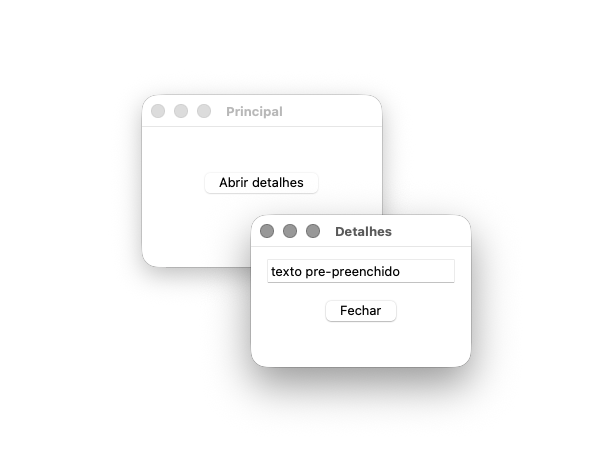 Screenshot de duas janelas Tkinter: ao fundo a janela 'Principal' com um botão 'Abrir detalhes', e à frente uma janela menor 'Detalhes' com um campo de texto preenchido e um botão 'Fechar'.