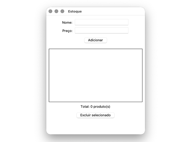 Screenshot de uma janela Tkinter com o título 'Estoque': no topo um formulário com os campos Nome e Preço e um botão Adicionar; no meio uma lista (Listbox) com produtos cadastrados no formato '#1 Café — R$ 19,50'; abaixo o total de produtos; e na base o botão 'Excluir selecionado'.